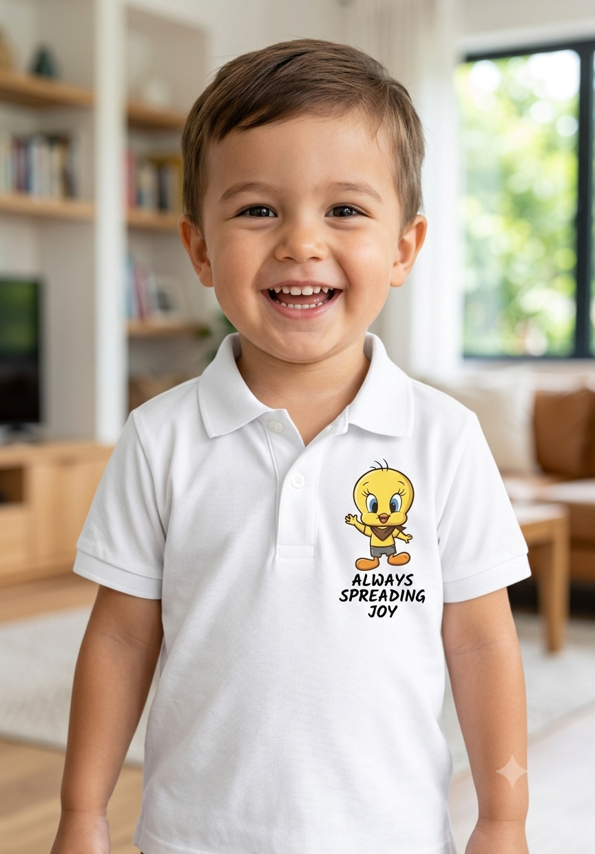 Kids White "Always Spreading Joy" Cute Bird Cartoon Polo T-Shirt
